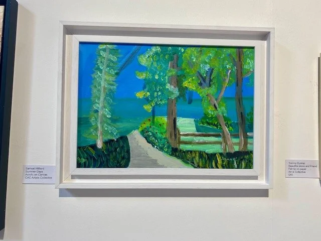 Painting of a bright, summery landscape with a path leading through trees towards a body of water under a clear blue sky.
