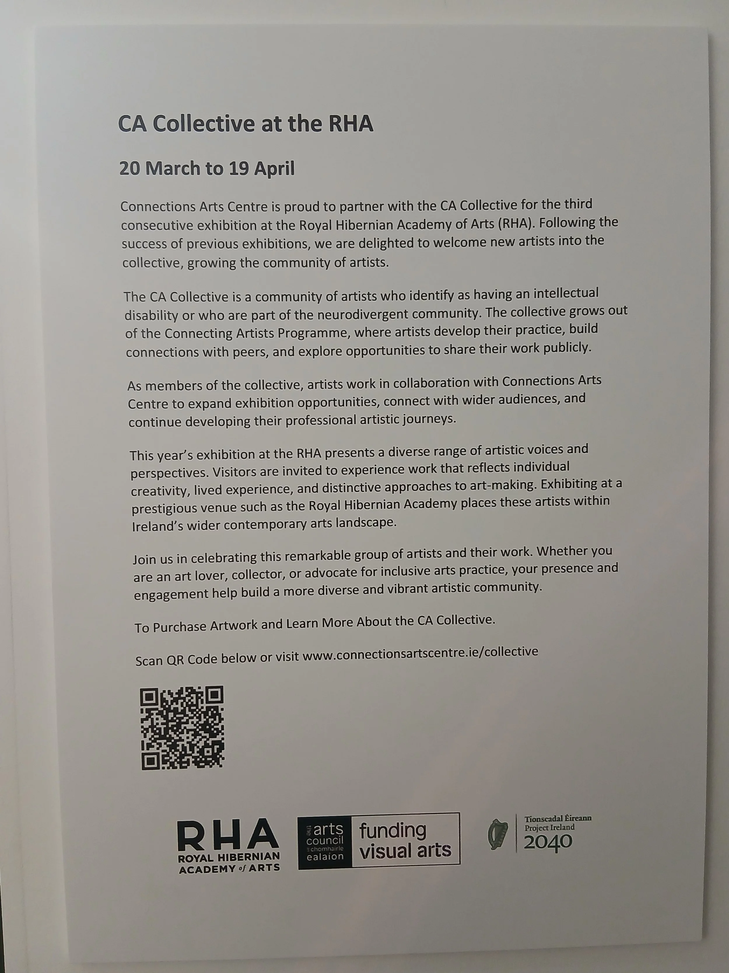 Poster announcing "CA Collective at the RHA" exhibition from March 20 to April 19, detailing the CA Collective's mission and the exhibition's focus on artistic practice and community engagement, with logos from the Royal Hibernian Academy, Arts Counc