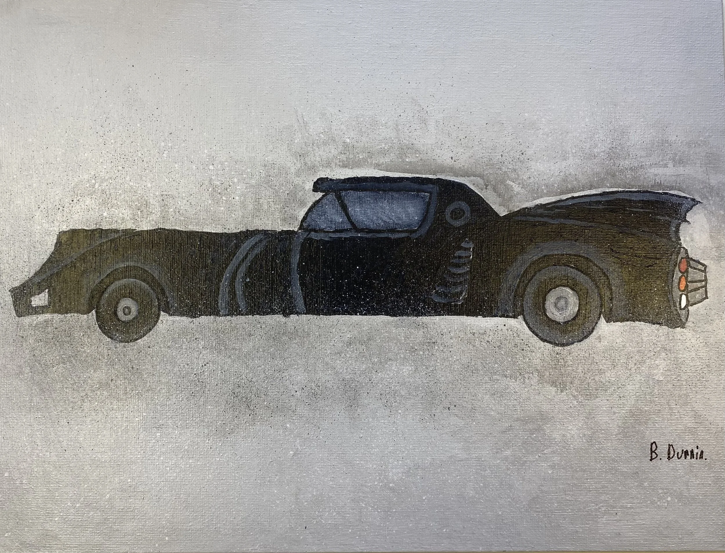 A stylized painting of a black, long, iconic superhero car with fins and a distinct front end, set against a light gray, textured background.