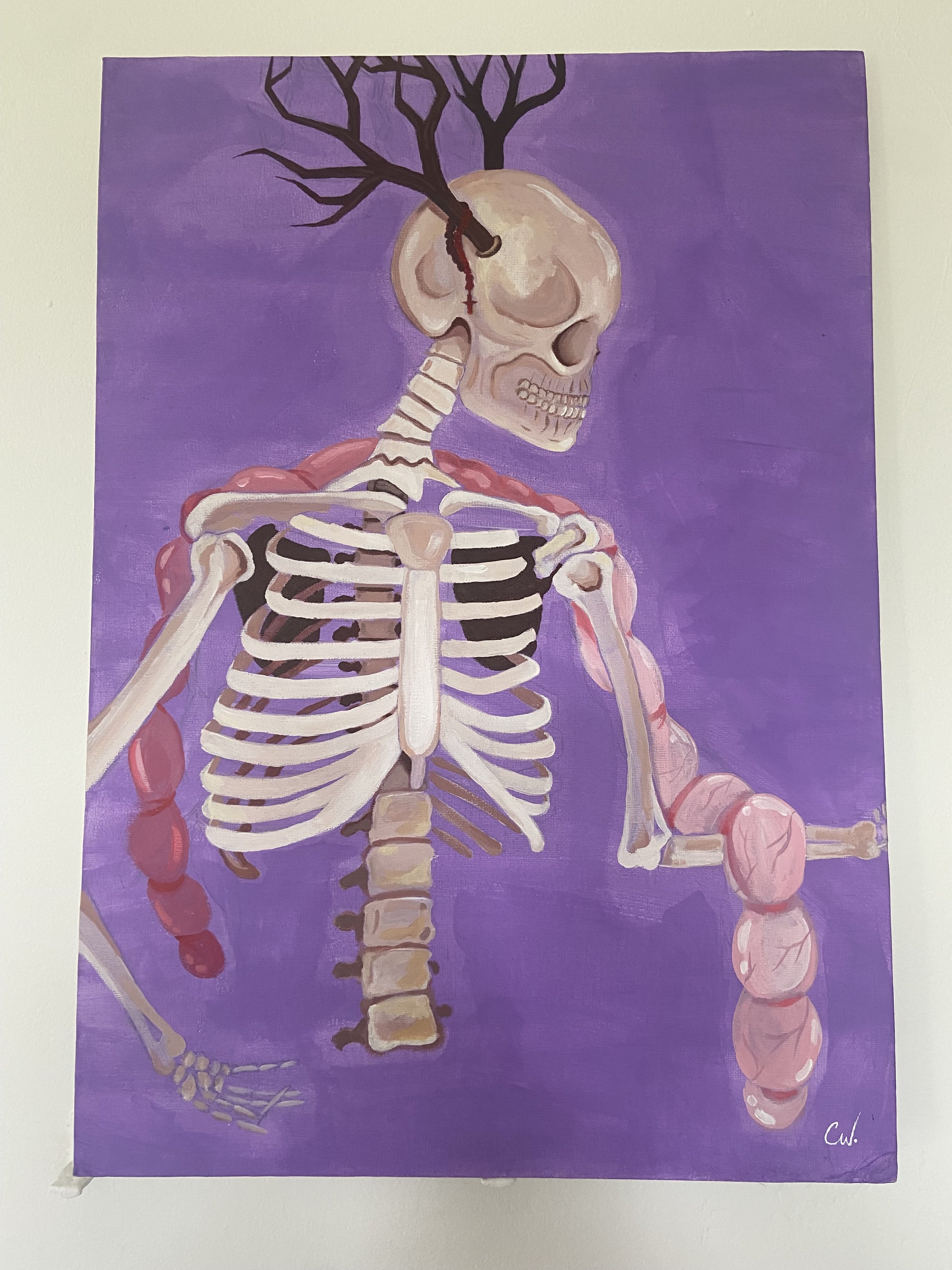 Painting of a skeleton with antler horns and a scarf of human tissue around its neck and a purple background