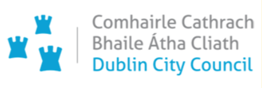 Dublin City Council logo. Three light blue icons of castles are on the right, separated from the text by a vertical grey line. The grey text on the right reads 'Comhairle Cathrach Bhaile Átha Cliath'. Beneath it, blue text reads 'Dublin City Council'