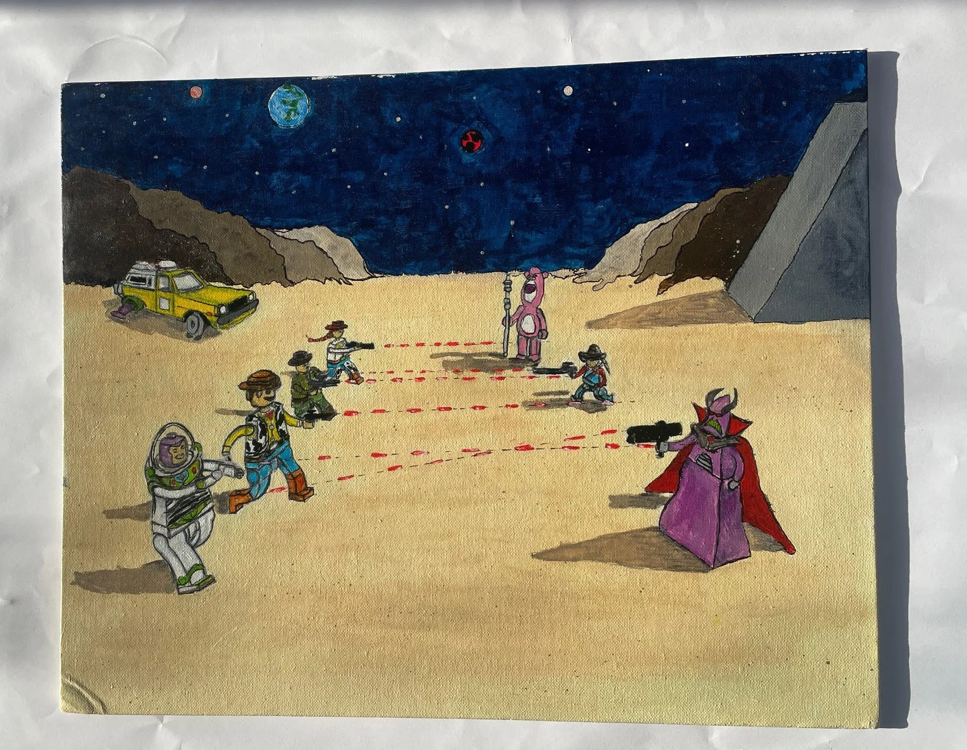 A acrylic painting depicts a scene from a toy story movie set on a sandy, alien landscape under a starry night sky with two planets and a red, radioactive-looking object. Characters from the movie are engaged in a standoff. On the left, a spaceman ch