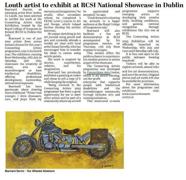 Illustration of a blue motorcycle with a brown seat and saddlebags, rendered in a flat, stylized painting technique, with text below reading "Bearnard Durmin - Two Wheeled Adventure".