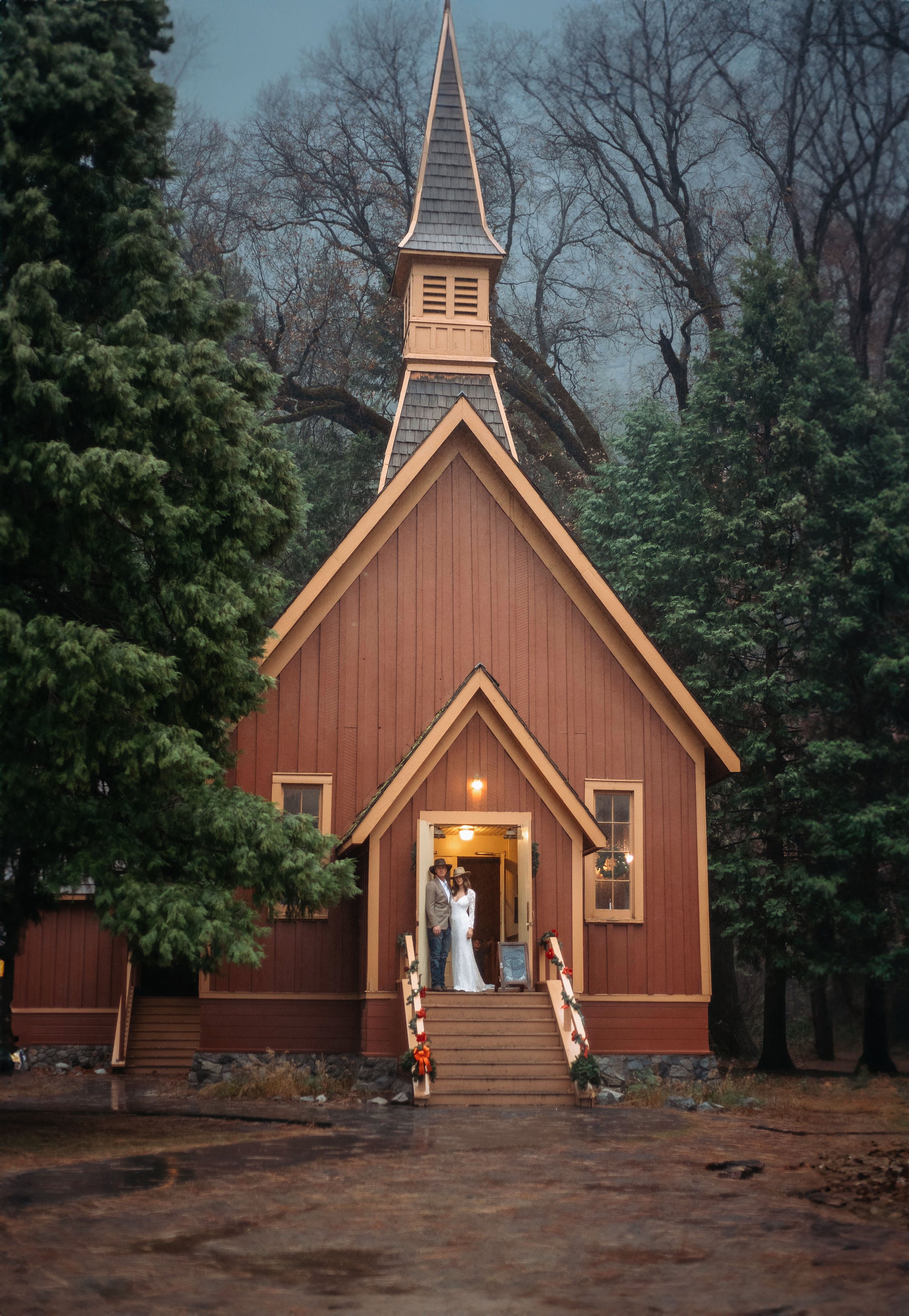 bride and groom portrait Yosemite chapel 