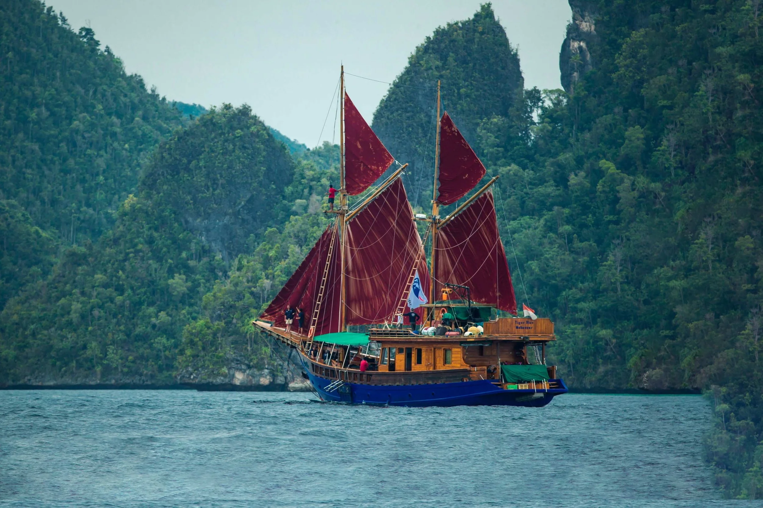 A traditional wooden sailing ship with maroon sails navigating through water, with lush green forest and rocky cliffs in the background.
