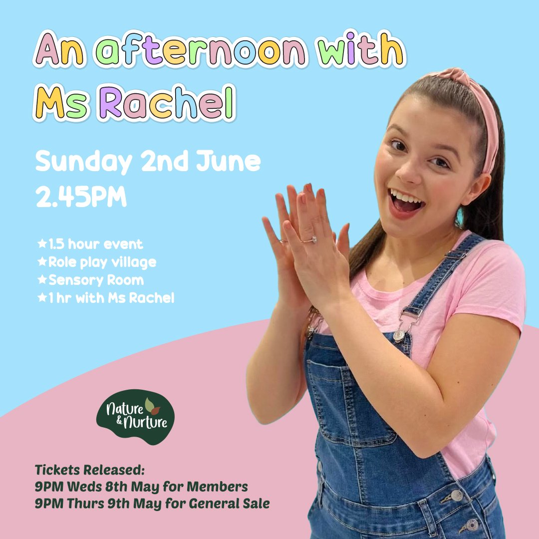 𝙁𝙪𝙣 𝙬𝙞𝙩𝙝 𝙈𝙨 𝙍𝙖𝙘𝙝𝙚𝙡! Join us for a fun afternoon with a very popular Ms Rachel impersonator!

Tickets released at www.naturenurtureni.com/events at 9pm on Weds 8th May for Members and 9pm on Thurs 9th May for everyone else!

&pound;18 p