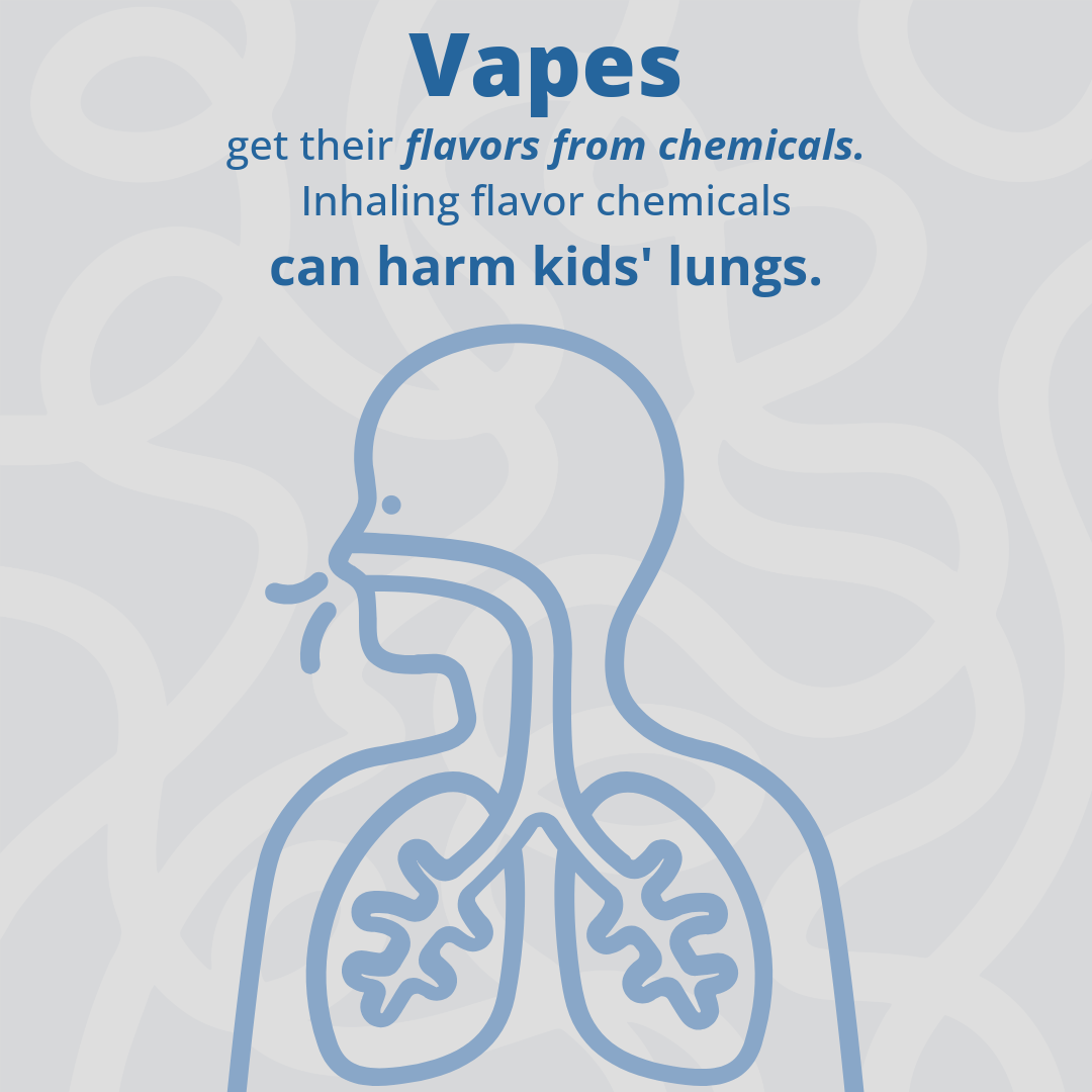 Illustration of human lungs with a warning about vaporized chemicals harmful to kids' lungs.