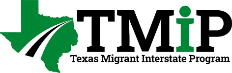 Logo of the Texas Migrant Interstate Program with green and black text and imagery of a highway and the state of Texas.