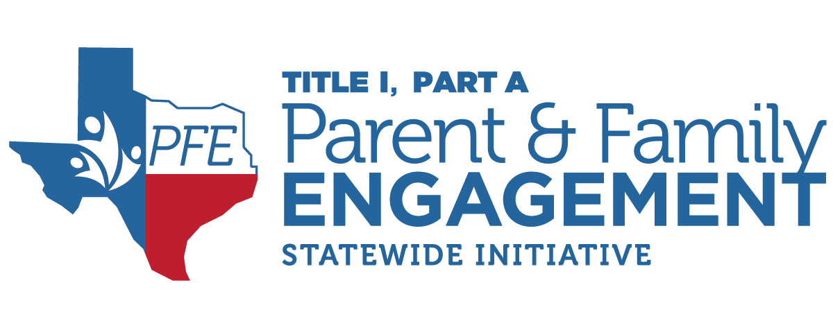 Logo for Parent & Family Engagement Statewide Initiative featuring the outline of Texas in blue, white, and red, with the acronym PFE and text overlayed.