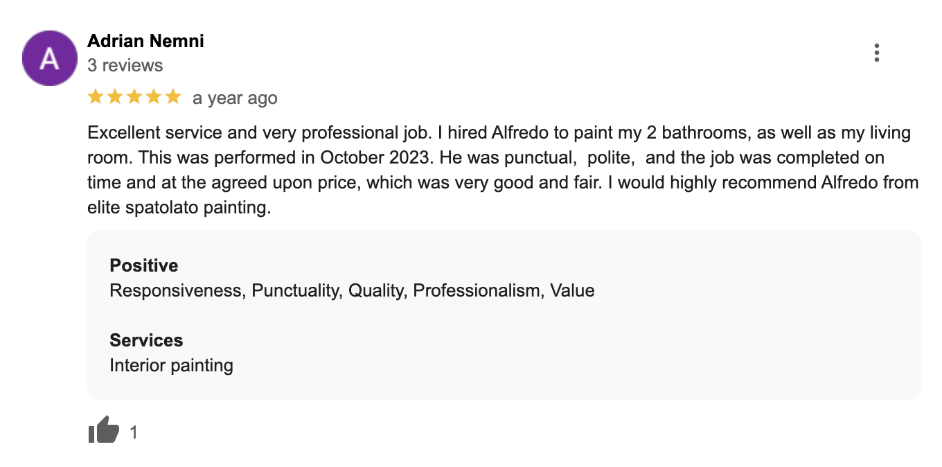 Screenshot of a Google review by Adrian Nemni for Alfredo, praising interior painting services for bathrooms and living rooms, performed in October 2023.