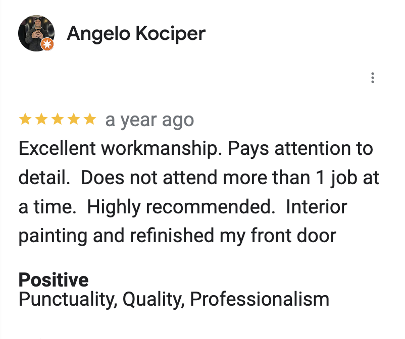 Screenshot of a five-star review by Angelo Kociper praising a handyman's work on interior painting and front door refinishing, mentioning professionalism, attention to detail, and satisfaction with punctuality and quality.