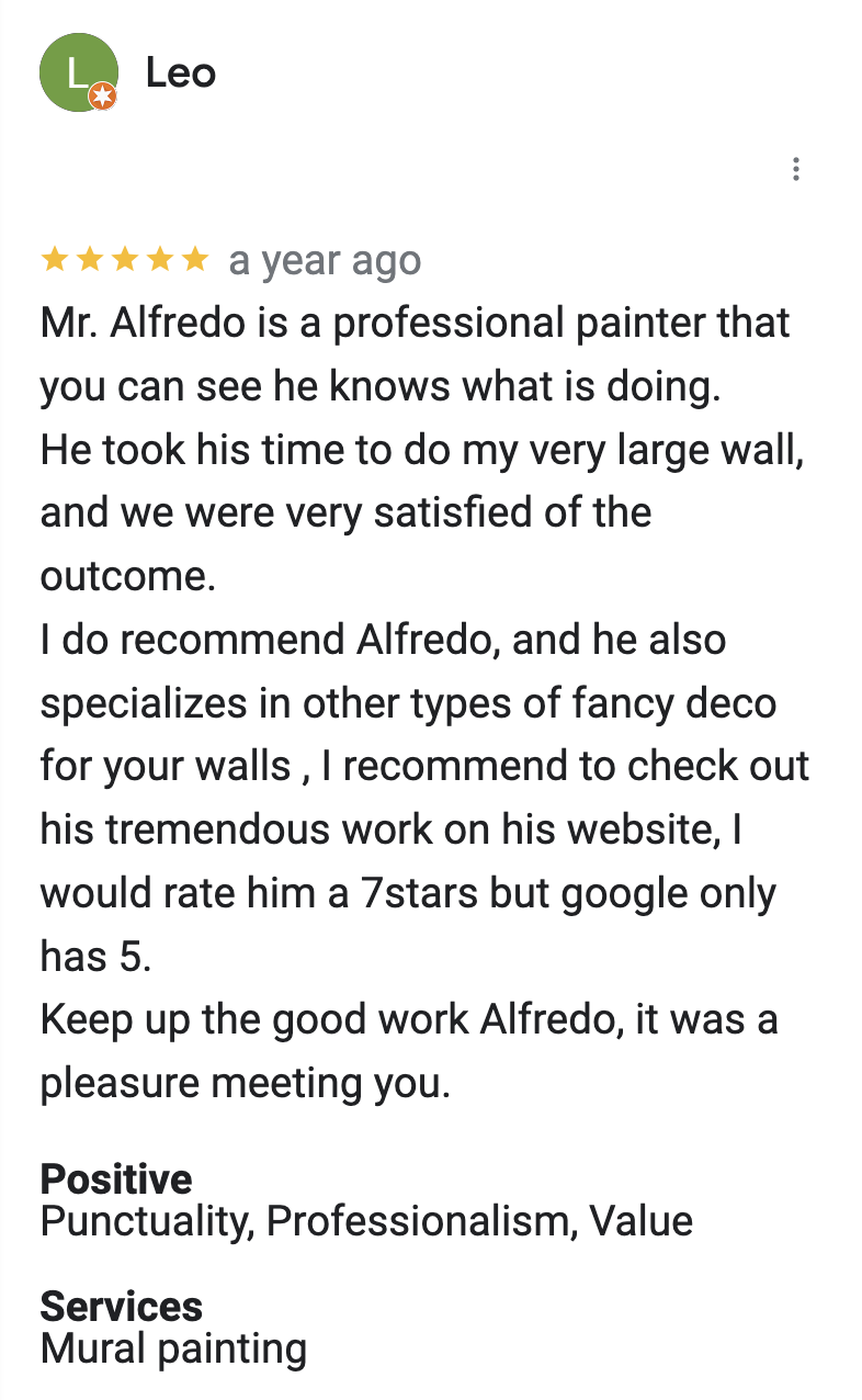 Google review for Alfredo praising his mural painting services and professionalism.