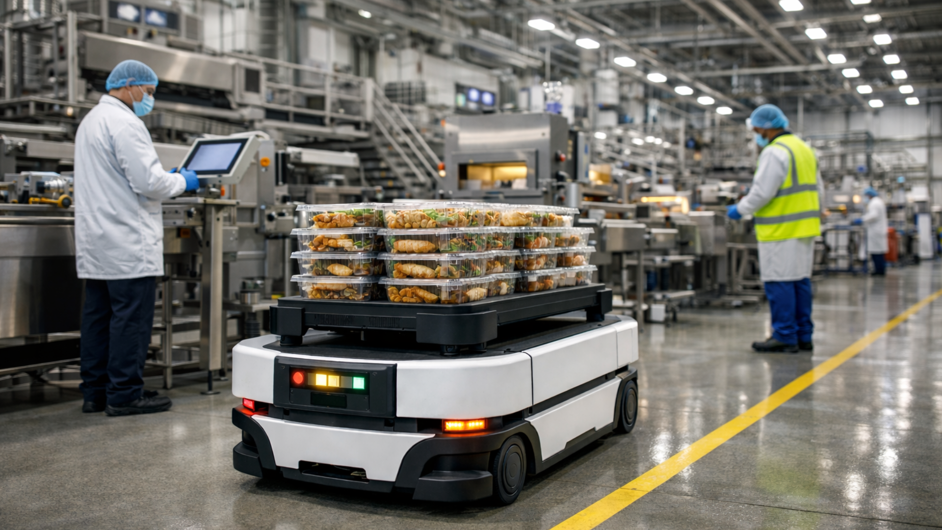 Autonomous mobile robot transporting packaged food trays inside a modern food processing plant with stainless steel equipment and workers following industrial safety standards.
