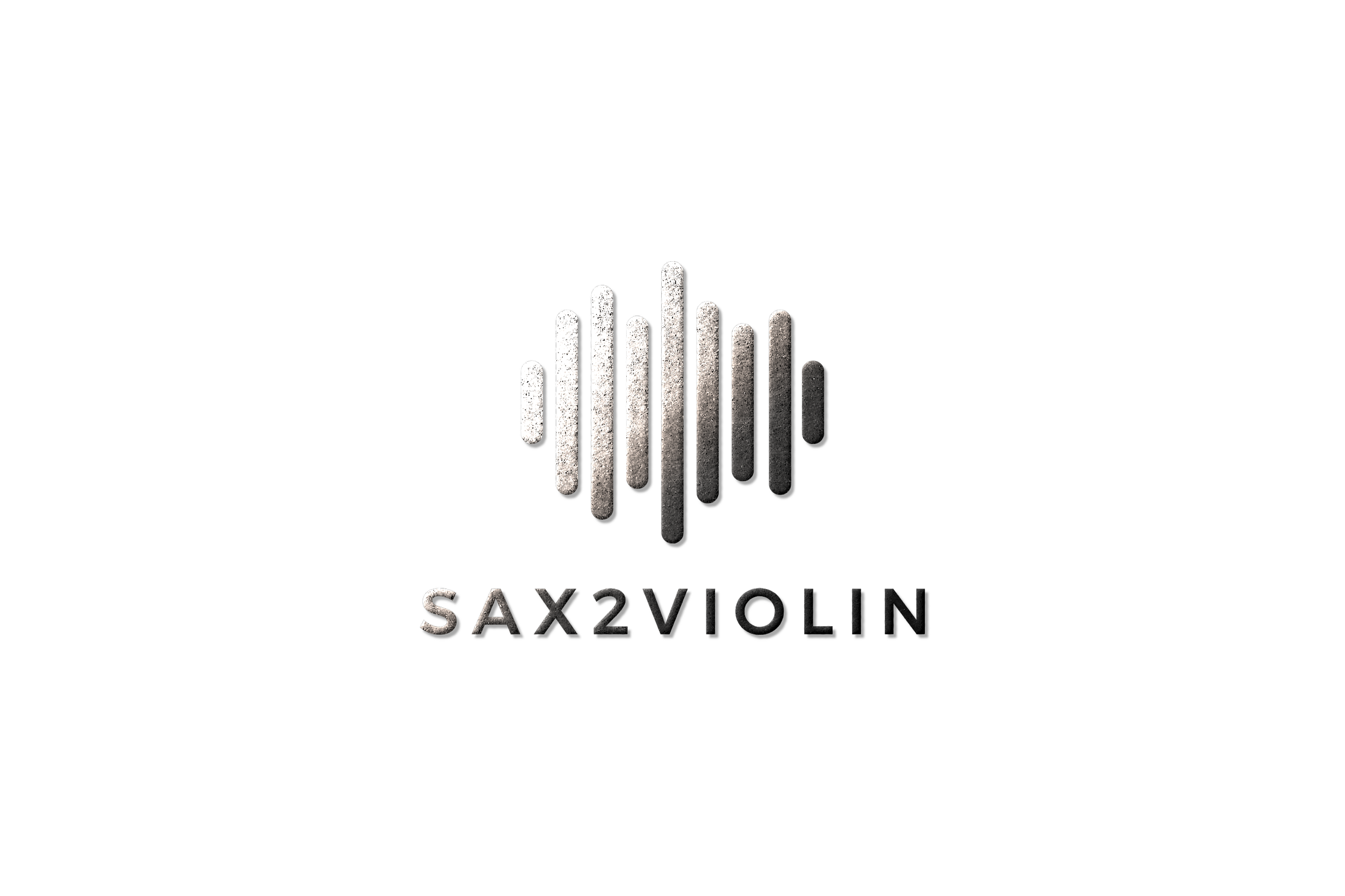 Silver and white logo with vertical bars forming a waveform, with the text "SAX2VIOLIN" below it, on a black background.