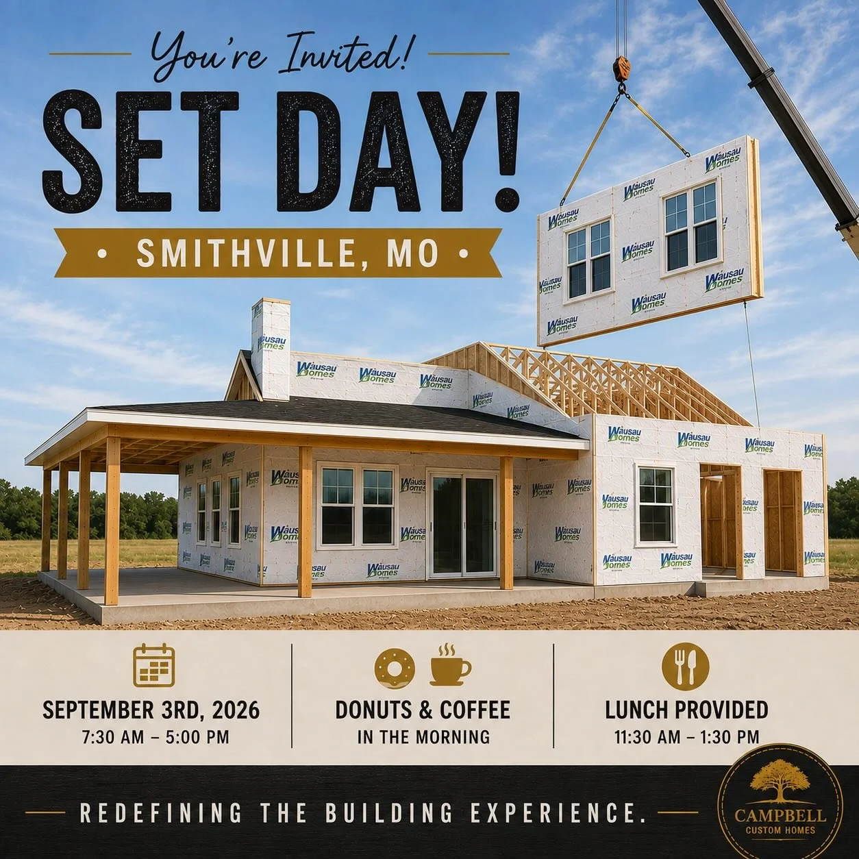 Come join us! We are excited for our upcoming set day, September 3rd right here in our hometown. We&rsquo;d love to have you stop by! 

1600 E Main St Smithville, MO 64089