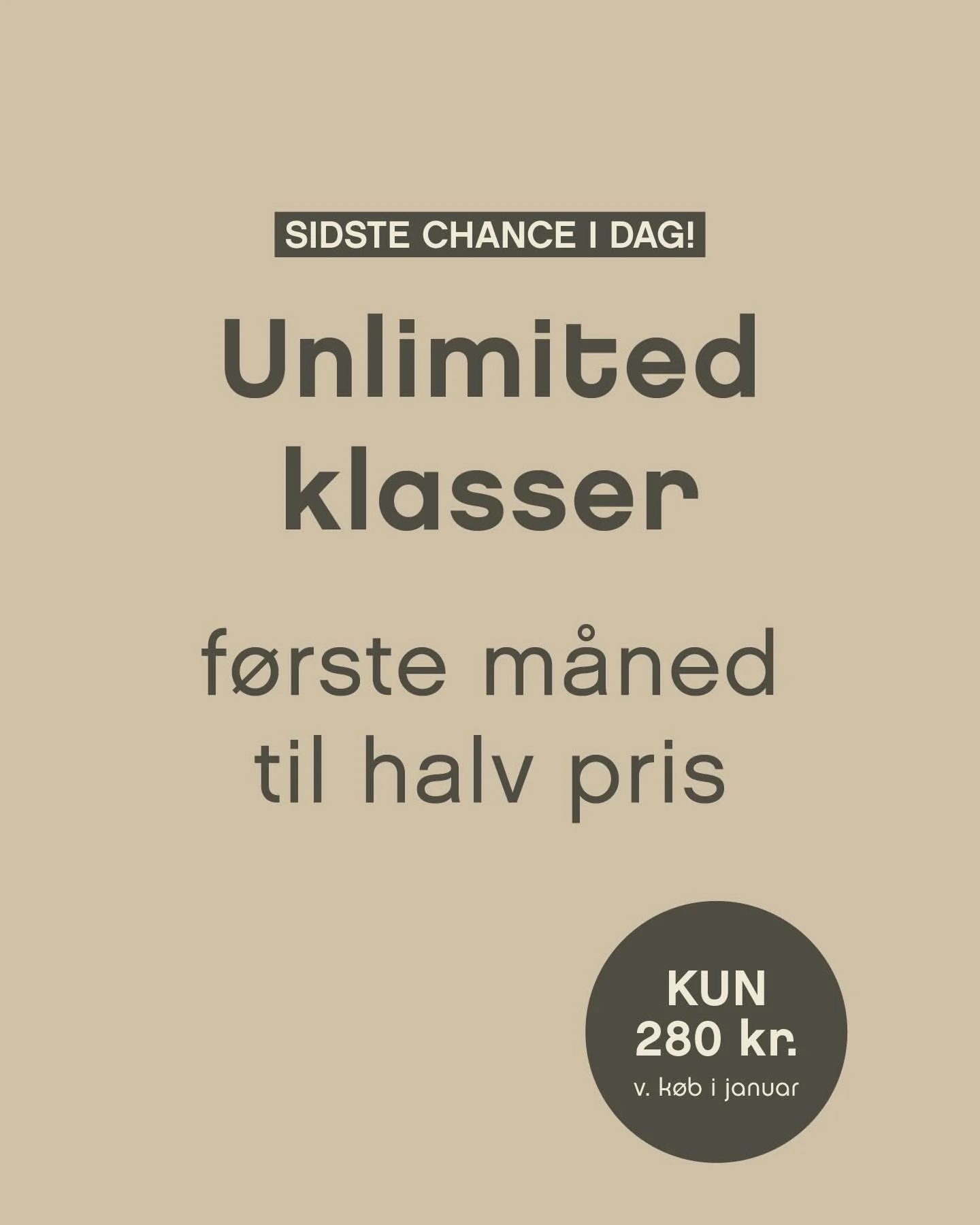 Venner! S&aring; er det sidste chance i dag. 

Yoga, tr&aelig;ning &amp; social velv&aelig;re til HALV PRIS. 

LIGE NU tilbyder vi nye medlemmer HALV PRIS p&aring; vores Unlimited medlemskab den f&oslash;rste m&aring;ned. 

KUN 280 kr. ved tilmelding