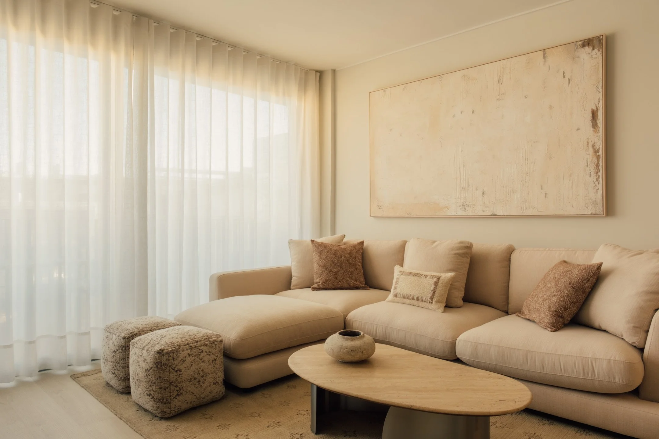 Fotografía de interiores con sala de estar con sofá beige, cojines de diferentes tonos, mesa de centro de madera y cortinas blancas