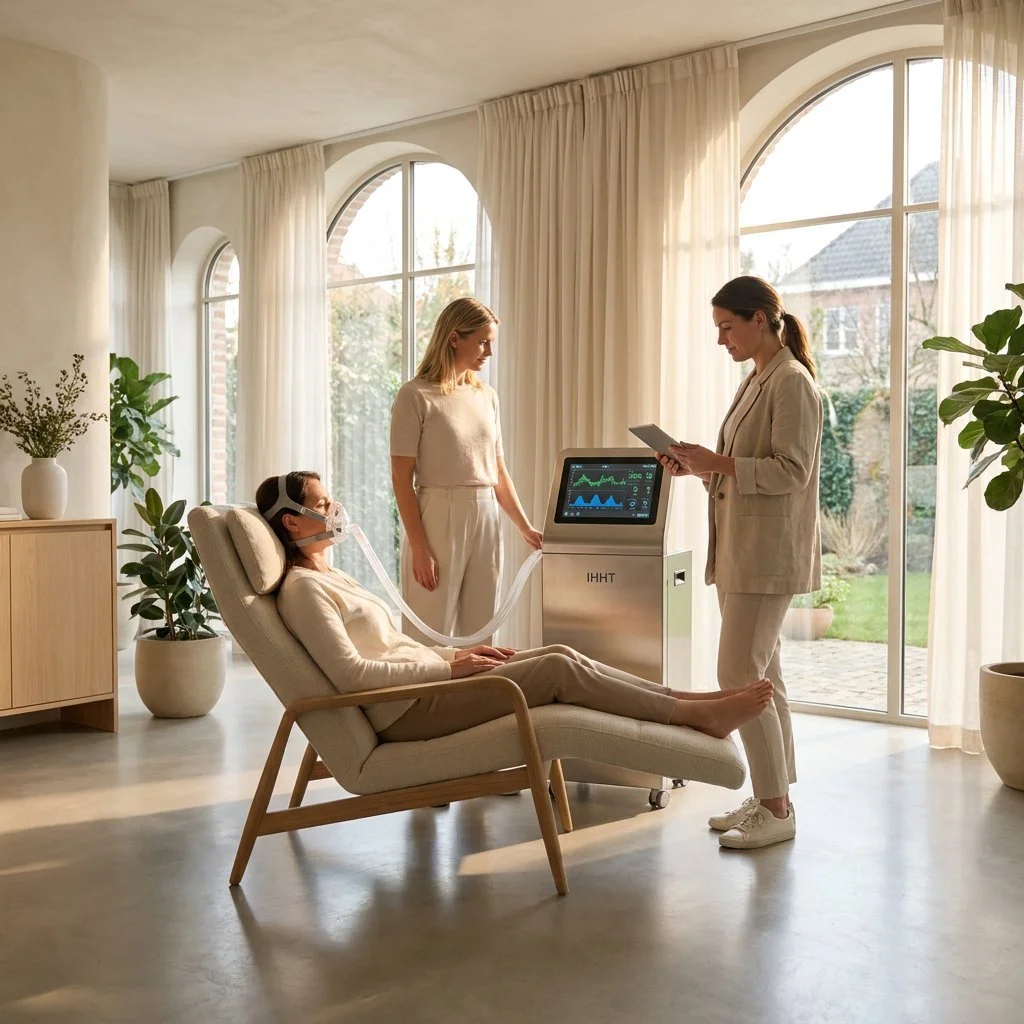 A woman lying on a lounge chair wearing a face mask connected to a medical device, with two healthcare professionals attending to her in a bright, modern room with large windows and plants.
