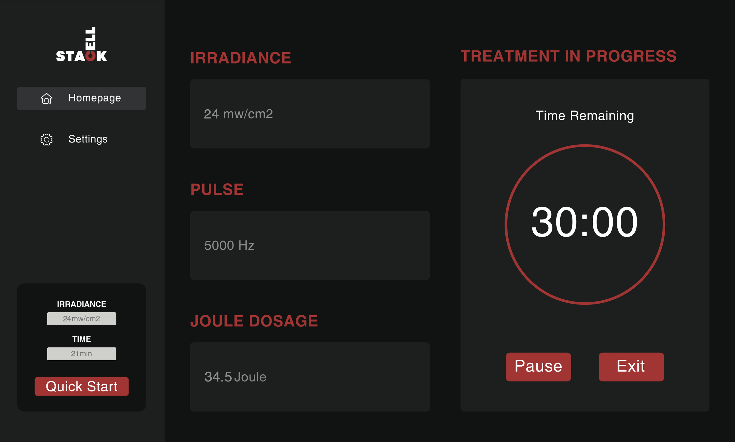 Screenshot of a cell-stack device interface with a dark background, showing a countdown timer set to 30 minutes, options for irradiation dose, time, and Joule dosage, and buttons labeled 'Pause' and 'Exit'.