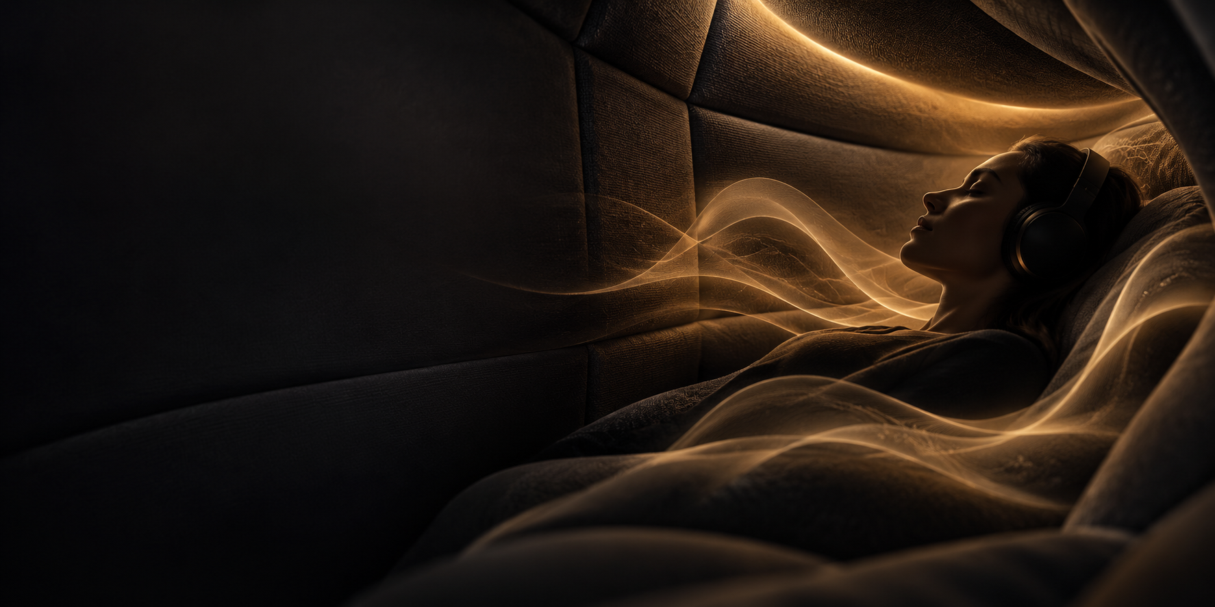 A woman lying on her side on a bed or couch with her eyes closed, wearing headphones, surrounded by glowing, swirling light or energy patterns in a dark room.
