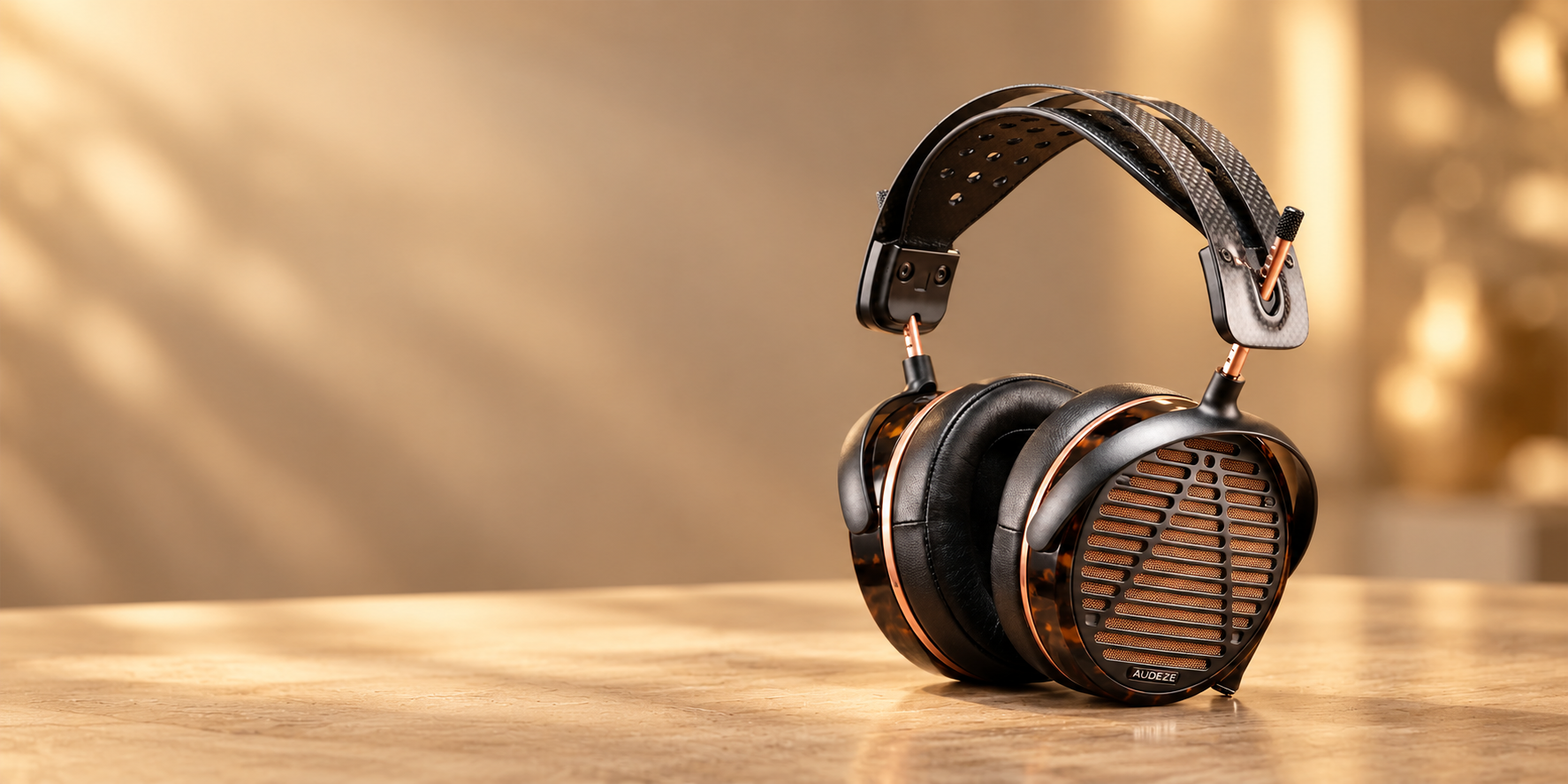 A pair of black and copper over-ear headphones on a wooden surface with a blurred warm background.