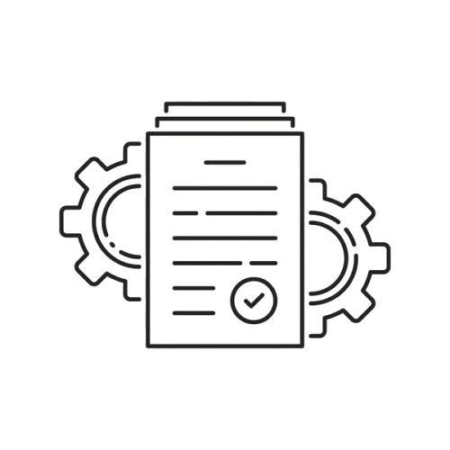 Line drawing of a document with gears in the background, representing settings or technical documentation from kloodos
