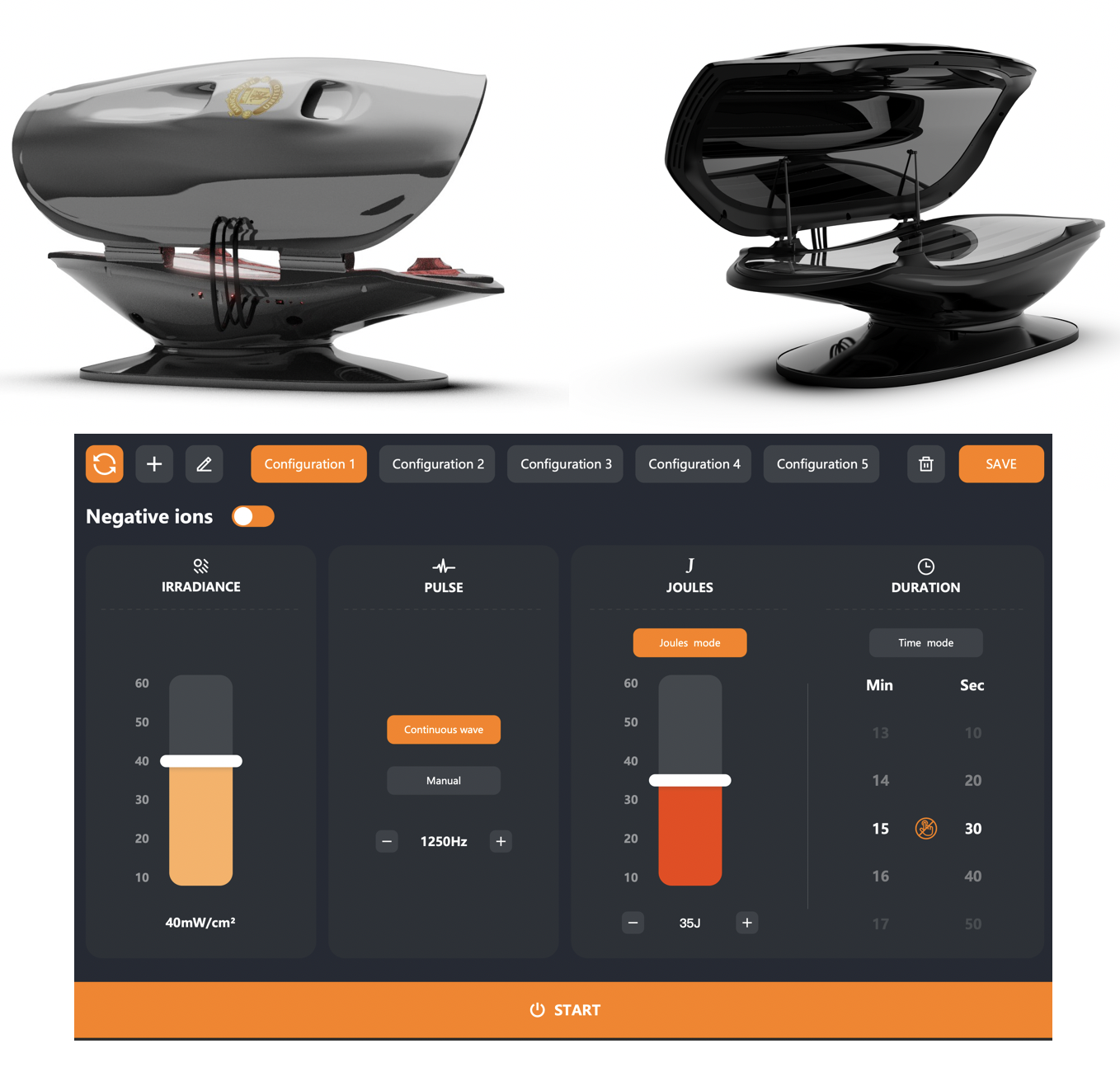 Kloodos Cell-Stack LUX PBM Bed with a user interface for adjusting settings related to negative ions, irradiance, pulse, and joules, including sliders, buttons, and configuration options.