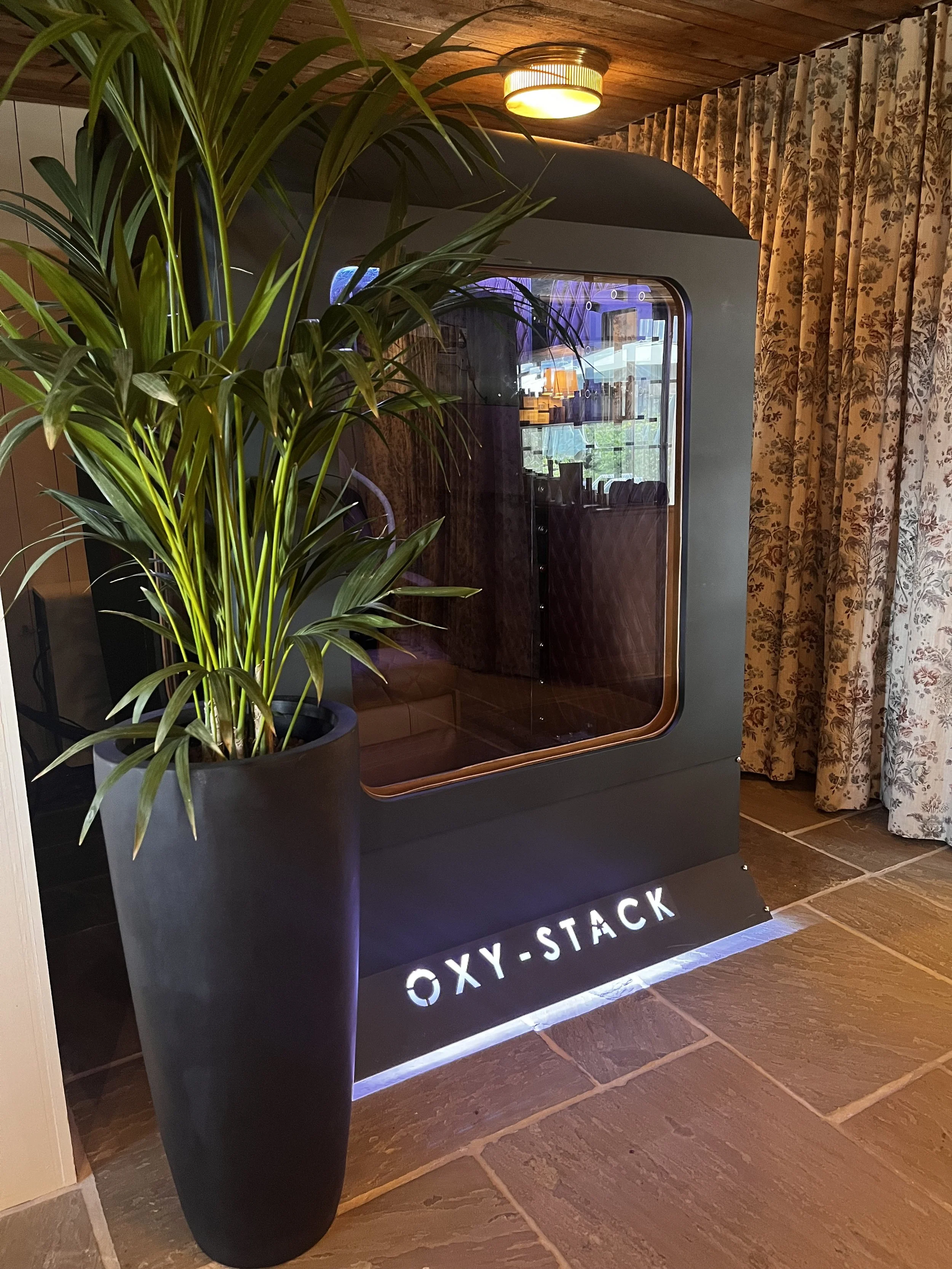 Decorative indoor scene with large potted plant, a vintage-looking machine or display with a glass window, floral curtains, warm ambient lighting, and illuminated sign at the bottom reading "OXY-STACK."