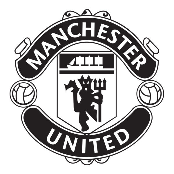 Black and white Manchester United football club logo with a ship, a devil holding a trident, and a football.
