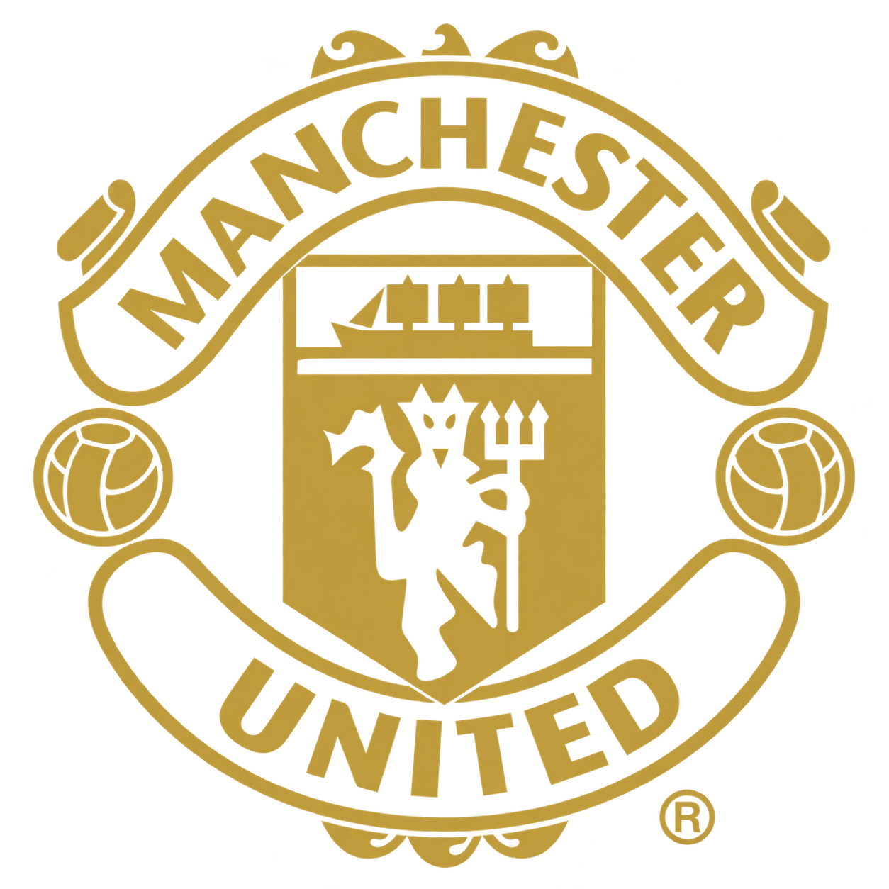 Gold emblem with the words 'Manchester United' and a shield featuring a ship and a red devil, flanked by soccer balls.
