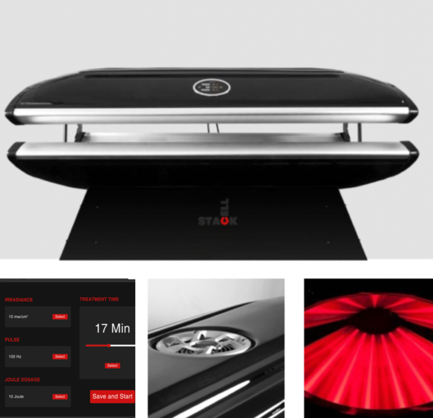 Kloodos Cell-Stack Gen 2 PBM Bed with a user interface for adjusting settings related to  irradiance, pulse, and joules, including sliders, buttons, and configuration options.