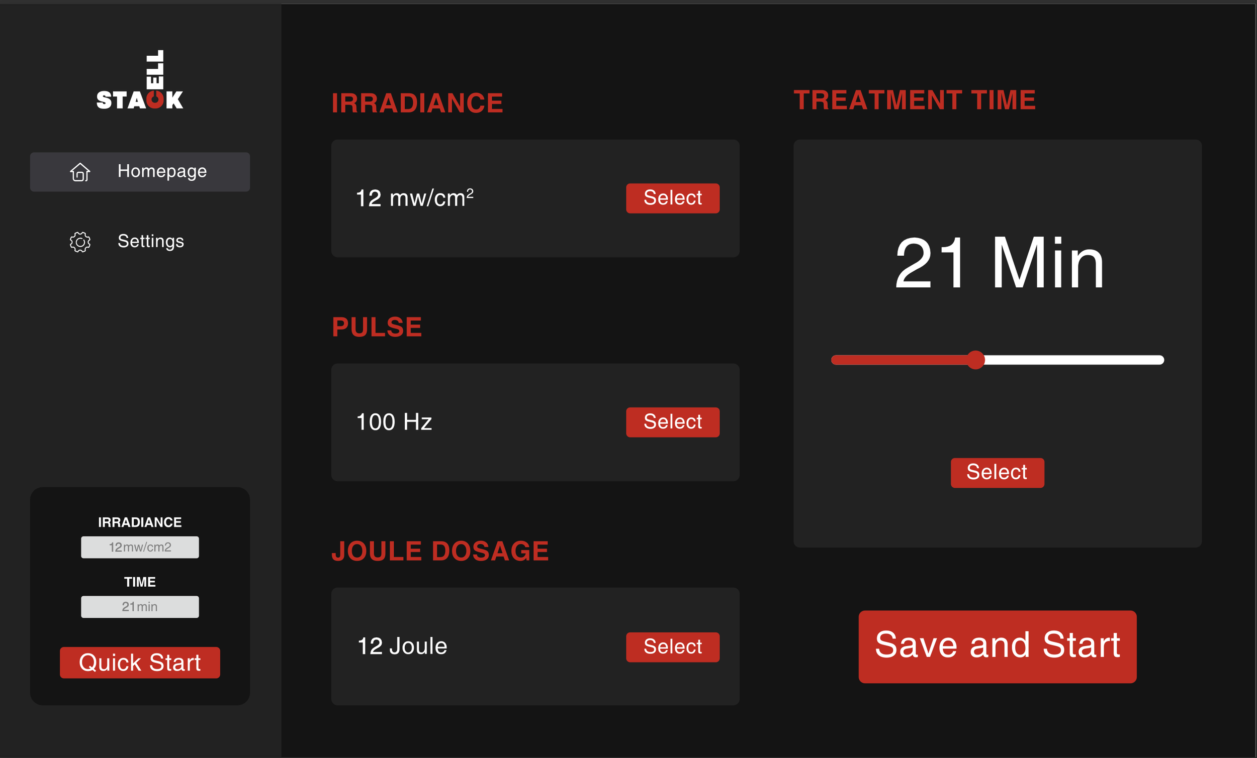 cell-stack gen2 pbm bed settings and irradiance, joules and wavelength settings. 