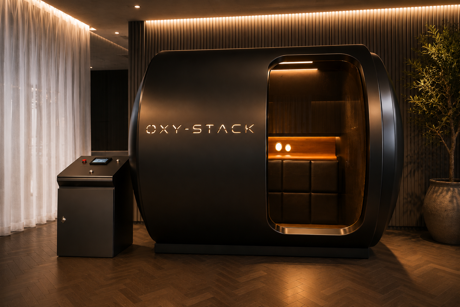 A modern black hbot chamber with the text 'OXY-STACK' illuminated on the side, featuring an interior with cushioned seating and warm lighting, situated in a sleek, contemporary room with wooden floors and a large potted plant.