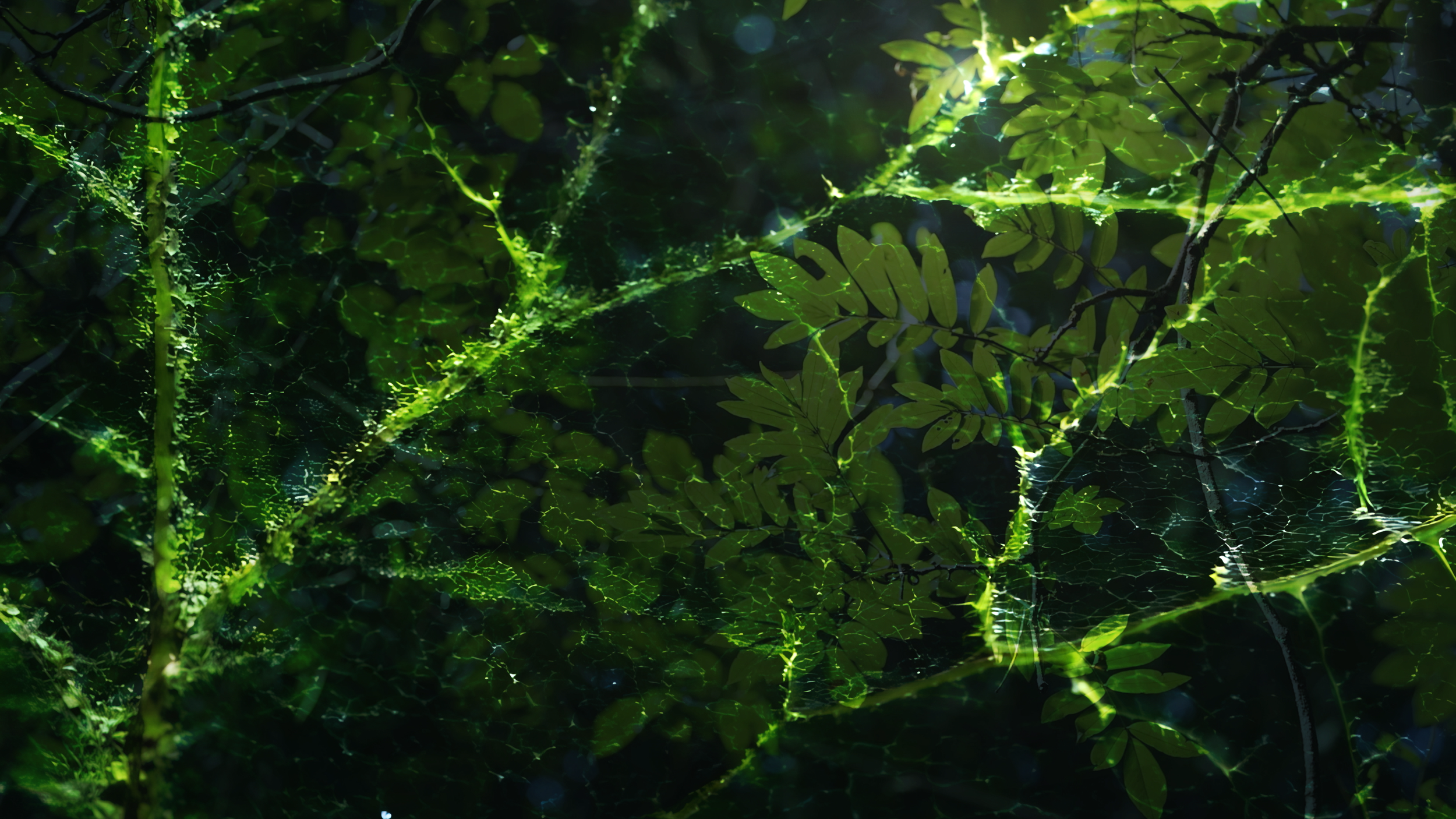 Sunlight filtering through green leaves and branches in a dense forest.