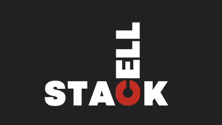 Logo with the words "STACK-CELL" in white, with the 'O' in red and a black power button symbol in the center of the 'O', on a black background.