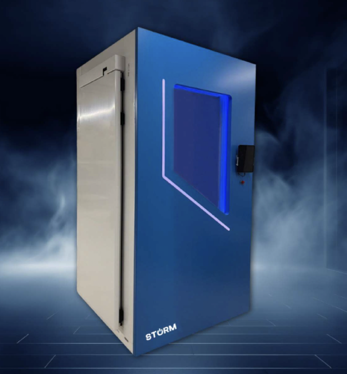 A blue and silver cryotherapy machine  with neon lighting, labeled 'STORM', set against a dark, misty background.