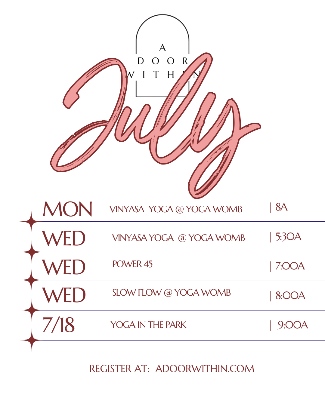 Schedule of yoga classes in July with class names, times, and location at Yoga Womb and Yoga in the Park.