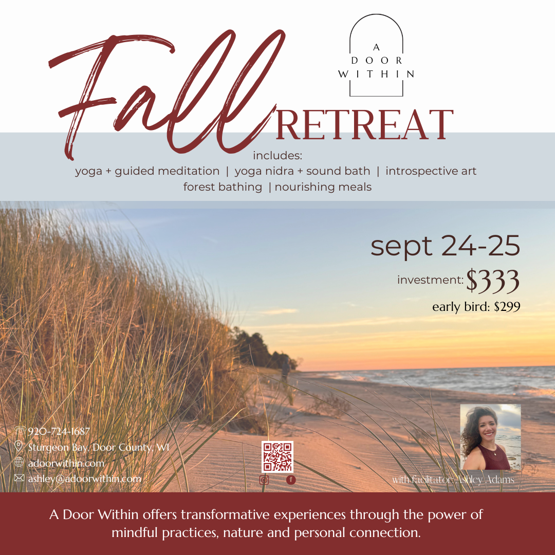 A flyer advertising a fall retreat with activities like yoga, guided meditation, sound baths, and forest bathing, taking place on September 24-25, featuring a background photo of a beach at sunset with sandy dunes and tall grass, and includes a small photo of a smiling woman, contact details, and a QR code.