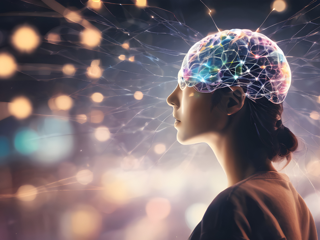 Woman staring into space and her head is covered with an electronic looking brain