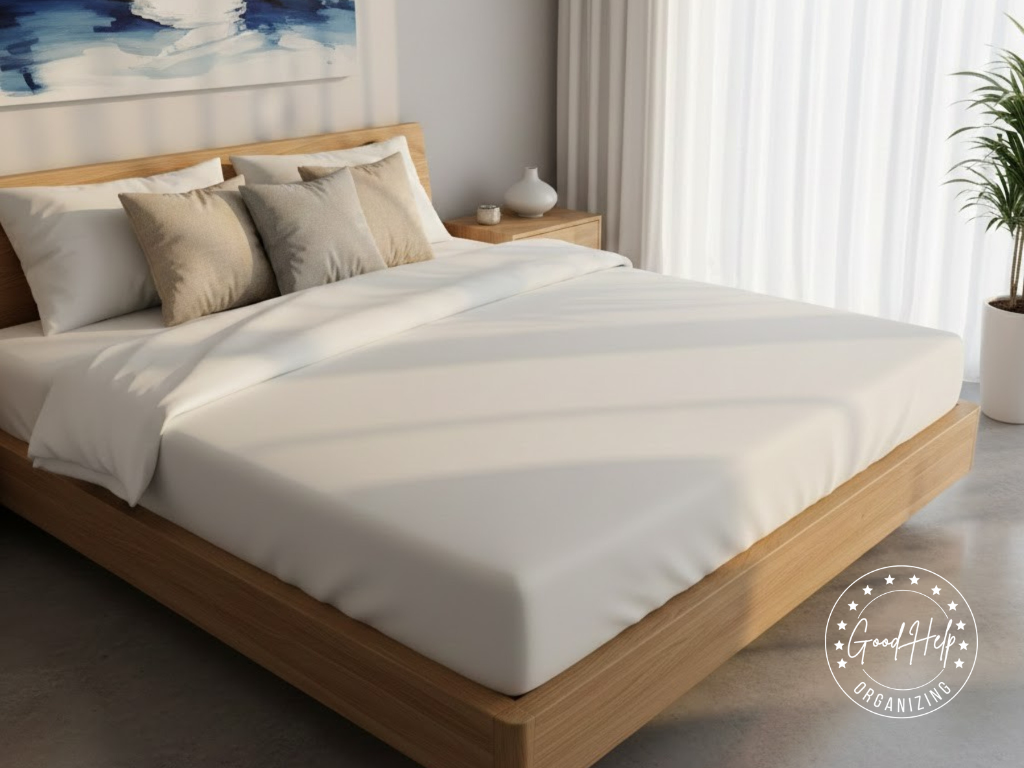 Clean, earth-toned bed in sunny room