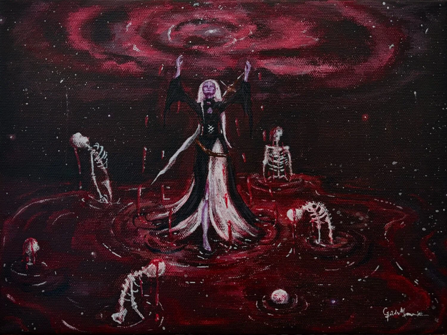 *HONORABLE MENTION, 2D* Gabby Marushok • "The Summoning" • Acrylic • 9 x 12 • NFS • Influenced by my love of fantasy RPG‘s “The Summoning“ depicts a necromancer calling forth her skeletal army while drawing immense power from the world around her. Us