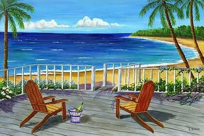 Karen Fusco "Restful Afternoon"
Acrylic
24 x 36
NFS
Artwork Description
Come sit out on this deck with your glass of wine, overlooking your beautiful tropical escape along the ocean's edge. Calm waves lap at the shoreline and a light breeze makes the
