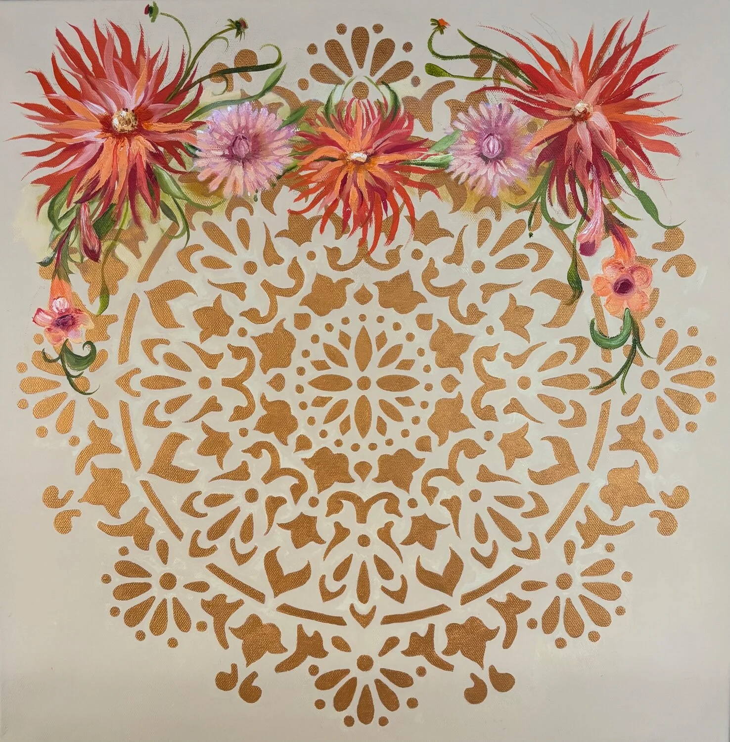 "Gathering of Dahlias Over Gilded Mandala" This is a collaborative work of art by Mandala Artist Arlene Guerrero and Multi-Media artist Judy Pfeifer. 
20 x 20 Digital
$700
This is a collaborative work of Art by Mandala Artist Arlene Guerrero and mult