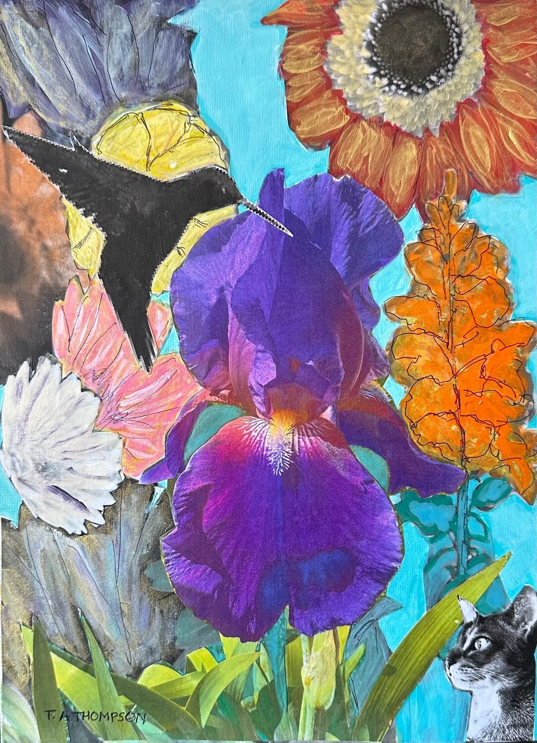 Terri Ann Thompson • "Bearded Iris and Friends" • Mixed Media • 9 x 12 • NFS • The central figure of my 9" x 12" collage is a photograph of this gorgeous bearded iris that bloomed on Easter morning. It is surrouded by pictures of other flowers from m