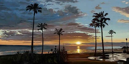 Kelan Carrigan  "4 Hours From Phoenix"
Oil
24 x 48
NFS
Artwork Description
Some might consider this more of a sunset painting, but I thought this oil painting would be perfect for the sea and sand-scape exhibition. The silhouette of the palms on the