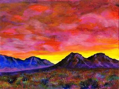 *1ST PLACE, 2D* Karen Fusco • "As the Sun Sets" • Acrylic • 18 x 24 • NFS • Imagine walking through this scene as the sun frames the mountains. Feel its warmth. • unixgal@aol.com