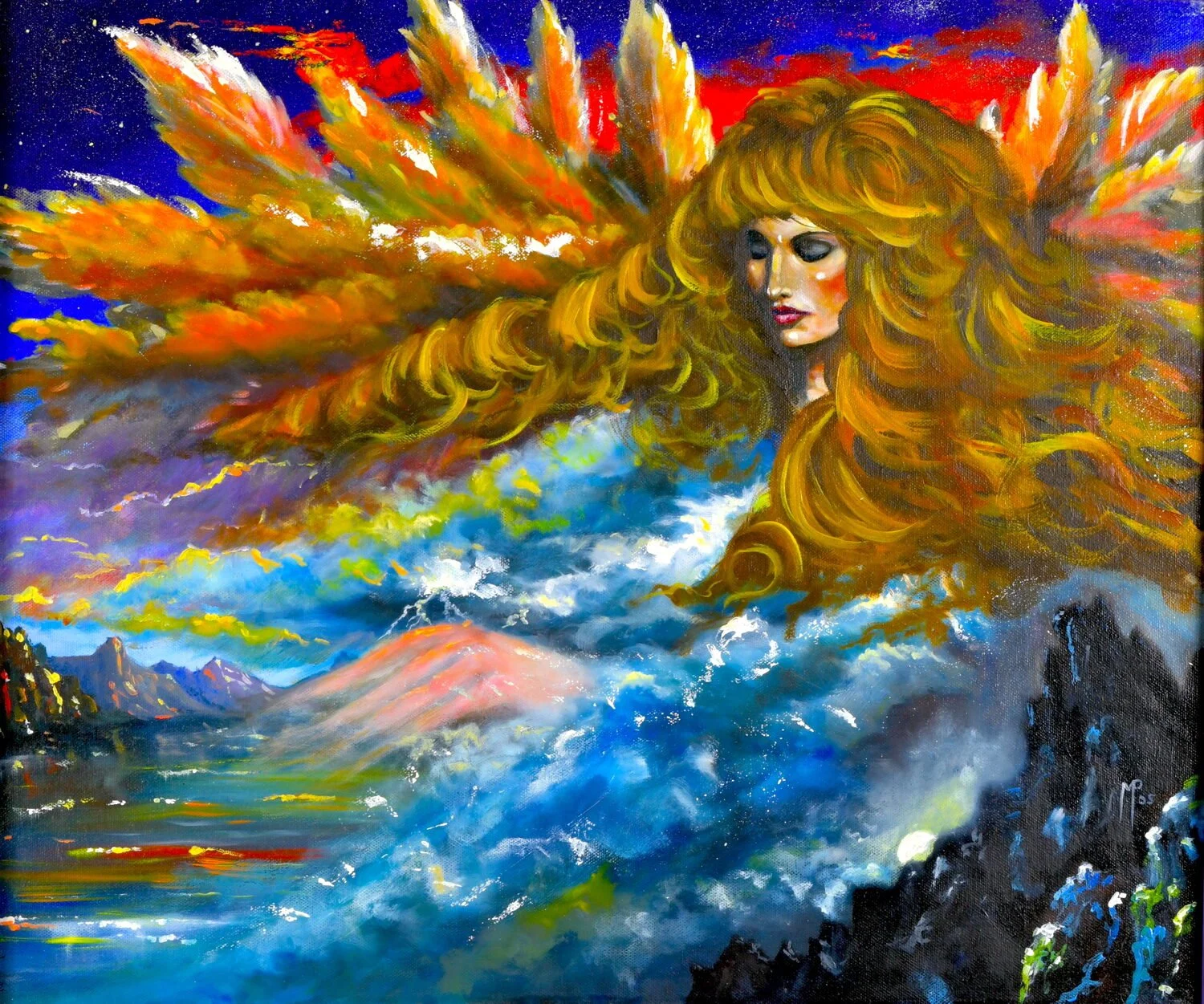 Matthew Szostek • "Coming of the Storm" • Oil • 20 x 24 • A beautiful storm spirit coming from the sky, on the left it's daytime on the right is at night with the moon peering up from behind the mountains. • $650 • artbymp@yahoo.com