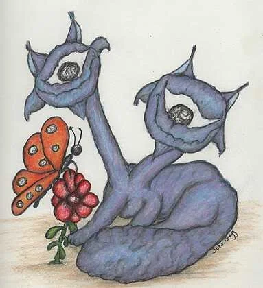 *HONORABLE MENTION, 2D* John Gregg • "Lavender Cycat with Two Heads having a Conversation with an Orange Butterfly" • Drawing • 8 x 6 • $250 • "Lavender with Two Heads having a Conversation with an Orange Butterfly" is a colored pencil drawing of a c