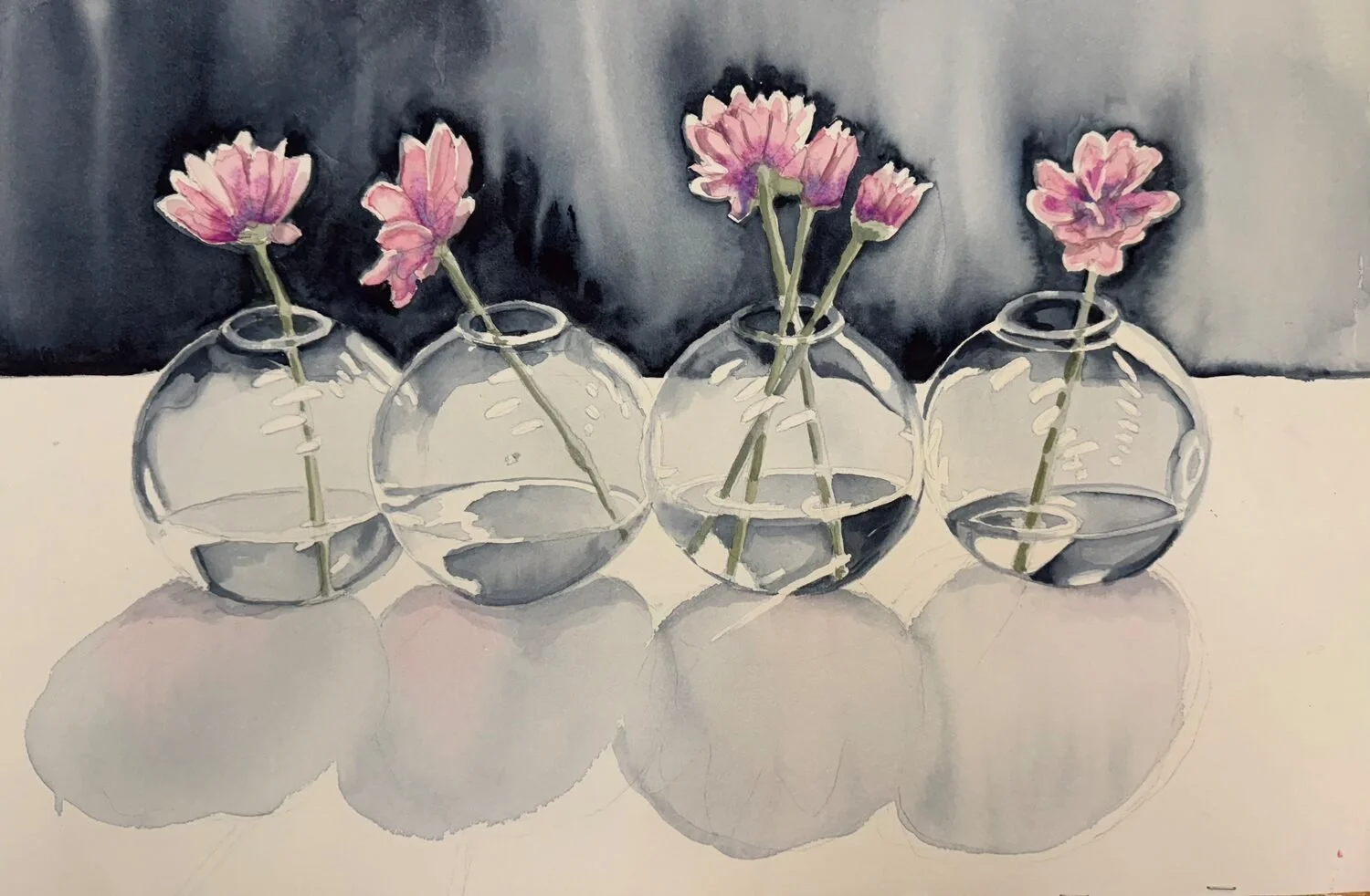 "Four Amigos II" by Barbara Weisenburg
22 x 30 Watercolor
$1,200

In this series, I am experimenting with different numbers of objects relating to each other. Four Amigos II arose at the end of an art opening when the table decorations were moved tog