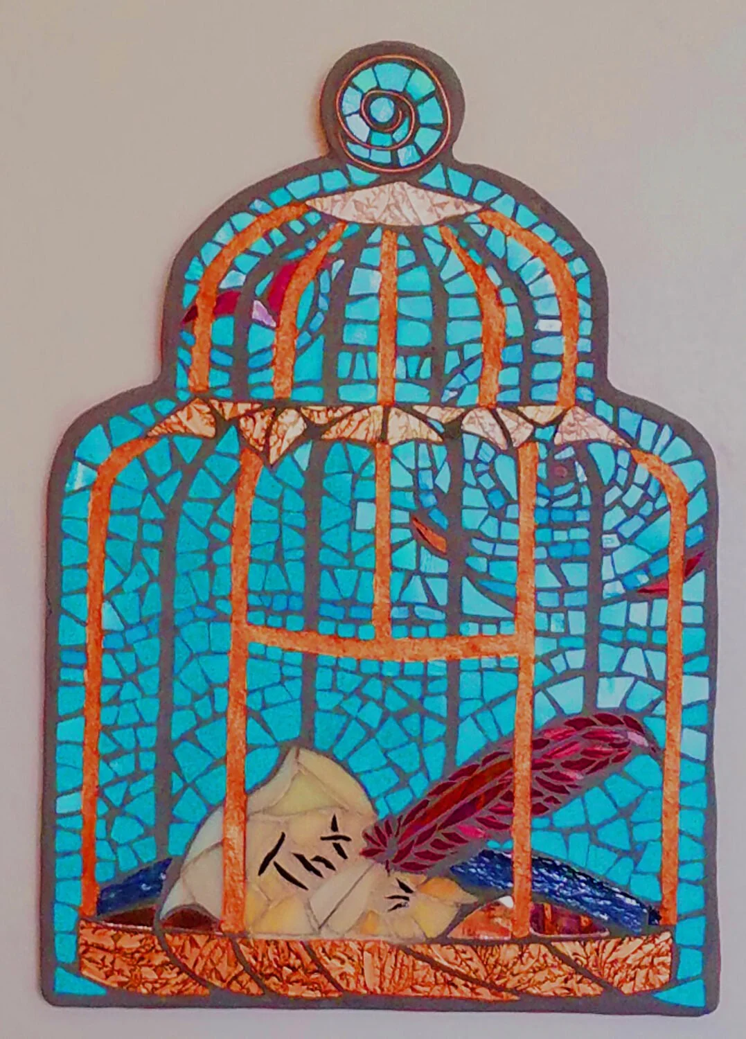 Thanks
Mixed Media
•
17 x 12
$750

Hide Custom Fields
Artwork Description
Hide Content
Mosaic: Art glass, copper wire on handcrafted substrate
Someone left the cage door open, freeing the bird for a fresh start. The thank you note scribed by the bird